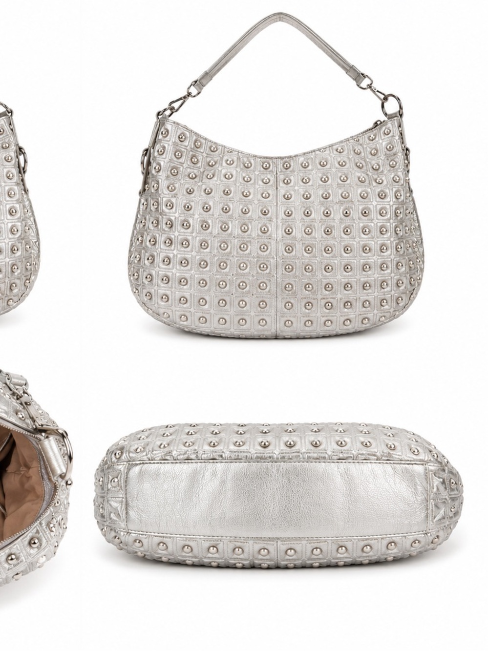 Silver Studded Metallic Shoulder Bag Y2K Hobo Purse - Picture 3 of 3